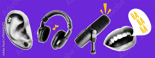 Podcast music microphone for halftone collage radio and talk sound element. Art show studio for pop voice sticker and trendy media mic. Podcast audio cover for halftone live speech and collage.
