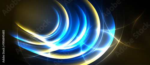 Abstract luminous curves dominate dark background. Blue, gold hues create dynamic energy, flowing shapes suggest movement. Brightness contrasts sharply.