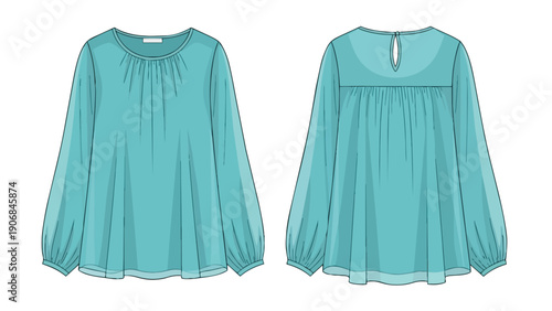 Stylish teal blouse technical flat design with gathered neckline, voluminous sleeves, and elegant back keyhole detail perfect for apparel pattern