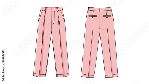 Detailed technical fashion flat illustration of elegant light pink wide-leg pleated trousers showcasing front and back views perfect for design