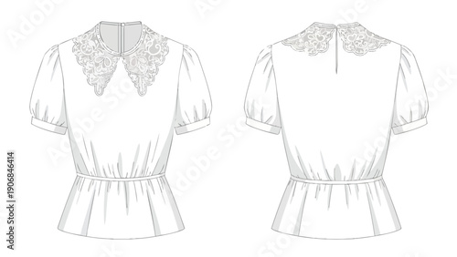 Technical fashion flat: white blouse with lace collar and puffed sleeves, front and back design views