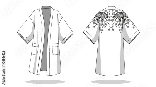 Fashion flat technical sketch of an open front long kimono style robe with wide sleeves featuring exquisite floral rose embroidery pattern on the