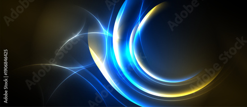 Abstract luminous curves, vibrant blue, gold hues. Dark background emphasizes flowing energy, dynamic composition. Modern digital art.