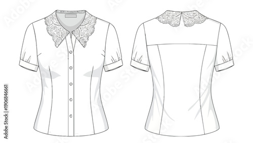 Elegant women's short sleeve blouse with delicate lace collar front and back view fashion illustration