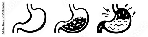 Stomach and digestion icon set showing healthy, full and painful stomach states. Ideal for medical apps, healthcare design, digestion concepts, symptoms, nutrition, gastroenterology and infographics