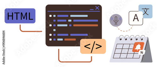 Software development, coding, web design, translation services, programming education, tech applications. Display of HTML tag, code translation icon and calendar. Software development and coding