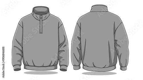 Front and back vector views of a classic gray quarter-zip pullover sweatshirt, providing an ideal template for diverse clothing design and
