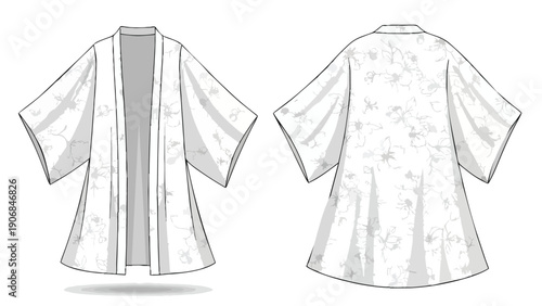Detailed technical flat sketch showcasing a fashionable floral patterned open front robe design for modern apparel creation