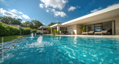 Close up of a calm fiberglass swimming pool with splashing water and flourishing green plants beside a modern architectural home with space for text
