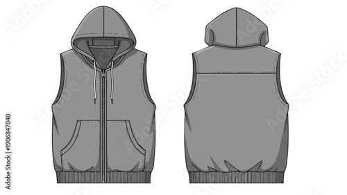 Versatile technical fashion flat sketch of a hooded sleeveless vest with zipper and pockets, presented in front and back views