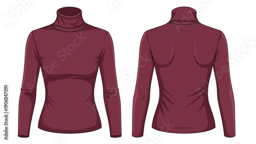 Refined burgundy women's long-sleeve turtleneck vector illustration. Front and back views presented for detailed fashion design resources and smart