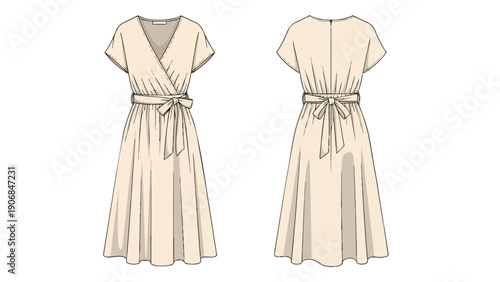 Technical fashion illustration of a women's elegant wrap dress with tie-waist and V-neck