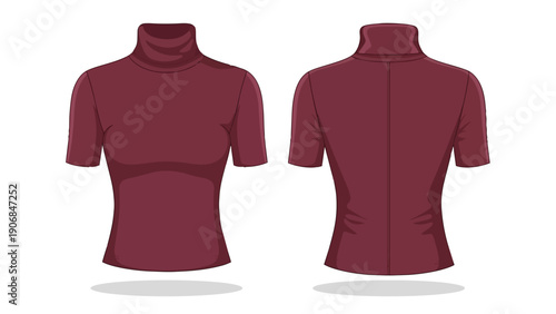 Flat vector illustration showcasing a chic women's short-sleeved burgundy turtleneck top, meticulously rendered with front and back views for