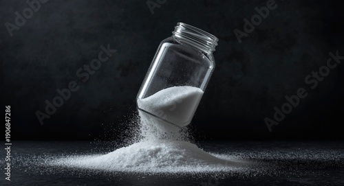 Falling sugar filled glass jar over dark backdrop symbolizing health warnings