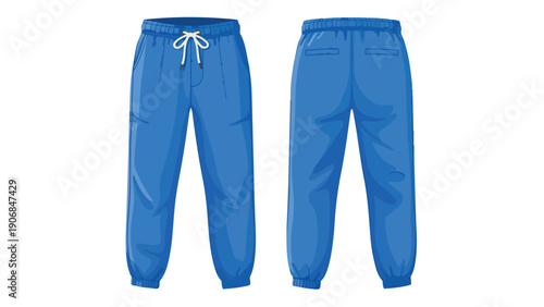 Comfortable bright blue athletic joggers with elastic cuffs and drawstring waistband showcased front and back