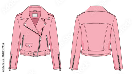 Contemporary design illustration of a vibrant pink women's biker jacket, featuring distinct front and back views, ideal for fashion design and