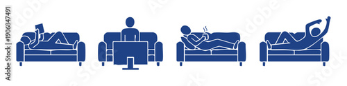 Stick figure icons of people relaxing on sofas: reading, working, drinking coffee, and lounging. Set of colorful silhouettes on white background