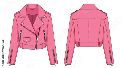 Vibrant pink asymmetrical leather jacket technical drawing, front and back views, featuring zipper details.