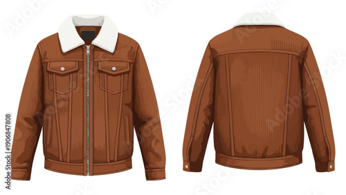 Classic brown winter jacket featuring a plush white collar, showcasing front and rear views in a timeless design.