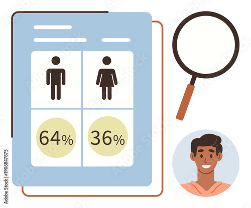 Gender study, analytics, , diversity, demographic data, equality. A report visualizes male and female percentages. Gender study and analytics ation concept