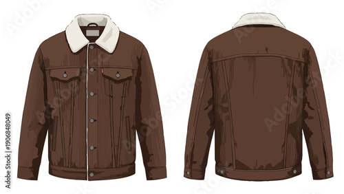 Brown shearling-lined workwear jacket featuring front and back views on white background