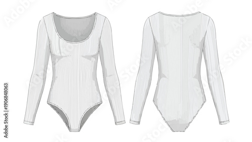 Technical flat drawing of a long-sleeve ribbed bodysuit with a scoop neckline. Front and back views provided. For detailed apparel pattern making
