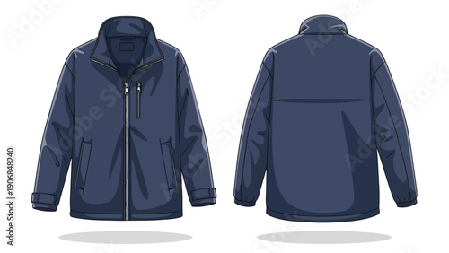 Versatile navy blue men's outerwear jacket vector illustration displaying both front and back views perfect for fashion design technical flats or