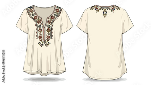 Detailed flat sketch of a bohemian style women's tunic top featuring exquisite folk-inspired floral embroidery on cream fabric, ideal for fashion