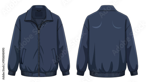 Detailed vector illustration showcasing a classic dark navy blue bomber jacket, front and back views, perfect for fashion design and apparel