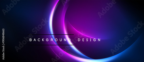 Abstract neon lines create dynamic purple, blue gradients. Background features text background, design. Minimalist aesthetic, dark space dominates image.
