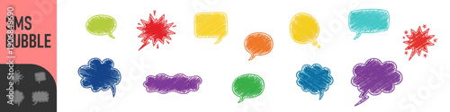 Set of colorful hand-drawn sketchy speech bubbles and thought clouds in a playful comic style on a white background