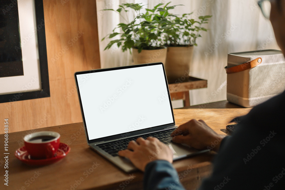 custom made wallpaper toronto digitalcomputer screen blank mockup.work using laptop with white background for advertising,contact business search information on desk at coffee shop.marketing and creative design