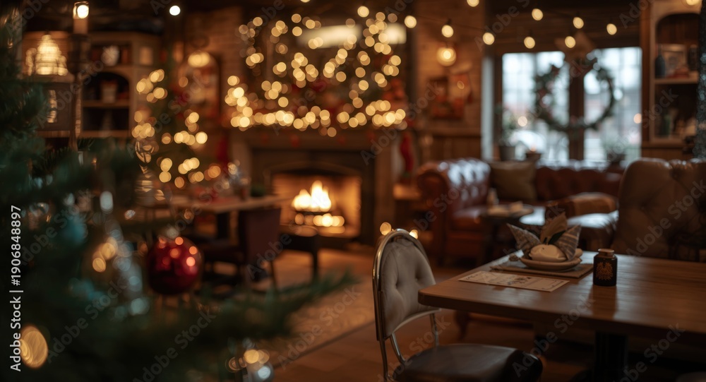 Naklejka premium Christmas themed cozy interior with soft blur and spacious table corner for copy space and content