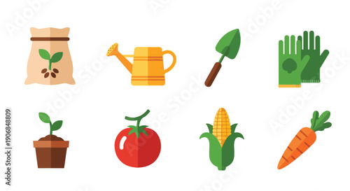 Gardening tools and vegetables vector illustration on white