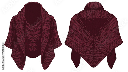 Elegant maroon chunky cable knit garment design illustration. Features front and back views, intricate cable patterns, wide shawl collar. Perfect