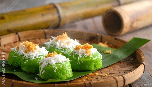 Traditional Green Steamed Cake Kue Putu Ayu with Grated Coconut