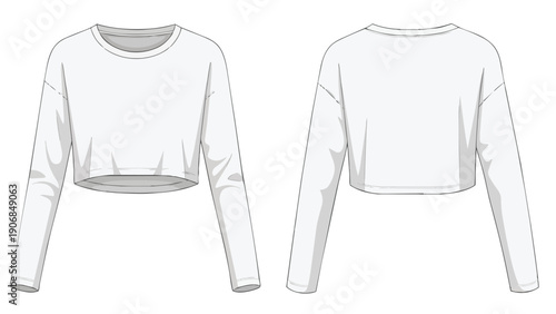 Minimalist long-sleeve crop top technical fashion flat sketch with crisp front and back views, a versatile essential apparel template for design