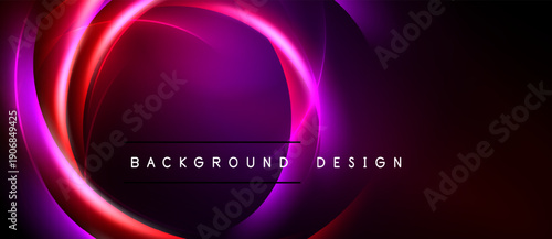 Abstract neon circles over dark background. Vibrant purple, pink, red hues create dynamic visual effect. Text reads background design.