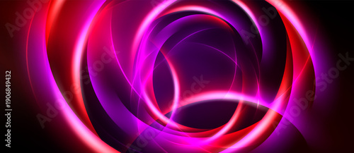 Abstract swirls, vibrant magenta, red hues dominate black background. Dynamic energy radiates from circular forms, creating modern visual impact.