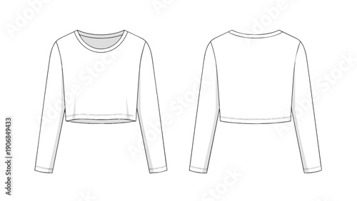 Fashion technical drawing of a contemporary women's cropped long sleeve crew neck t-shirt front and back view minimalist vector apparel illustration