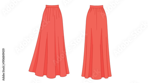Vibrant coral maxi skirt technical drawing, showcasing front and back views with a pleated waistband