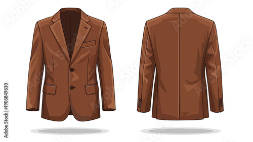 Front and back views of a classic brown tailored men's blazer in detailed vector illustration