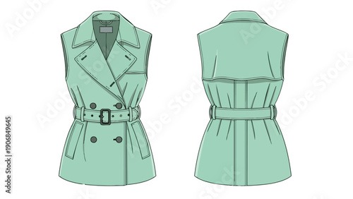 Sleeveless double-breasted trench vest fashion flat sketch with belted waist and back view technical drawing for apparel design templates. This