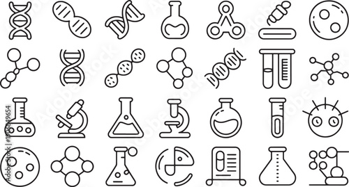 Collection of science and biology related line icons in black and white