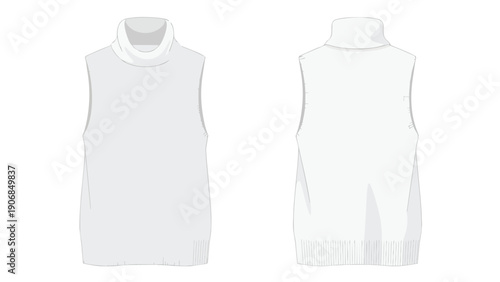Vector illustration of a blank sleeveless turtleneck sweater template, presenting front and back views for fashion design and apparel mockup