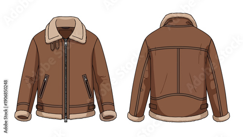 Classic brown pilot jacket illustration, showcasing front and back views. This timeless outerwear features a cozy fur collar, practical zippers, and