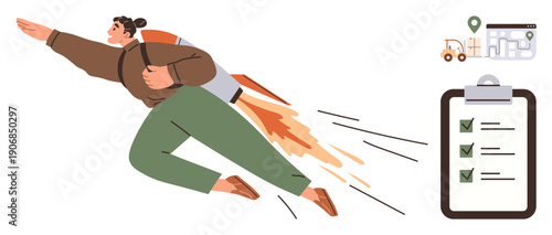 Innovation, goal completion, business success, logistics, productivity, motivation. Individual flying with rocket backpack, icons of checklist and map. Innovation and goal completion concept