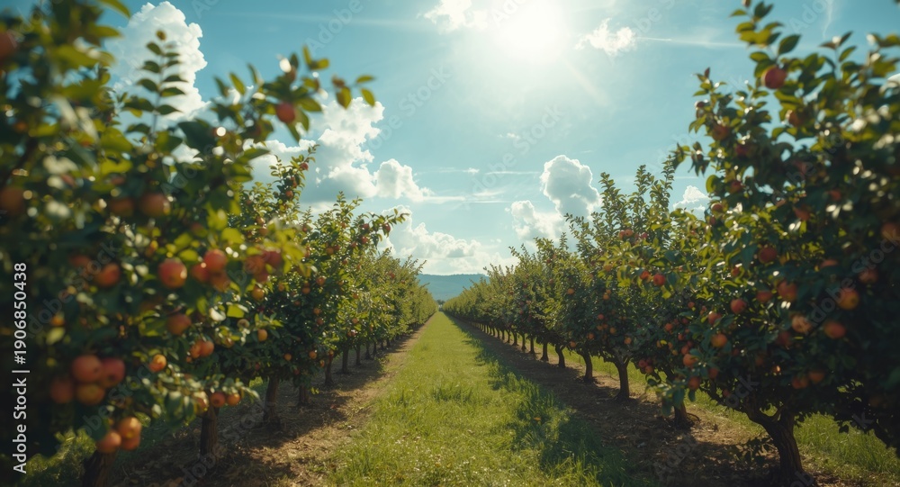 Fototapeta premium Full orchard view under brilliant sunshine and bright blue sky