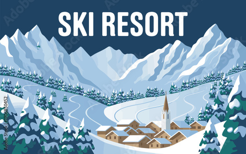 Picturesque Winter Wonderland Ski Destination with Snowy Mountain Village