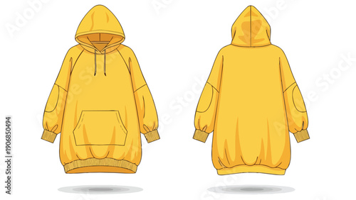 Detailed illustration of a bright yellow oversized hoodie design, presenting both front and back views, ideal for fashion design and casual
